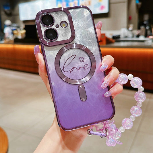 For iPhone 16 Dual-Love Feather  Gradient Glitter Bracelets Magsafe TPU Phone Case(Purple) - iPhone 16 Cases by buy2fix | Online Shopping UK | buy2fix