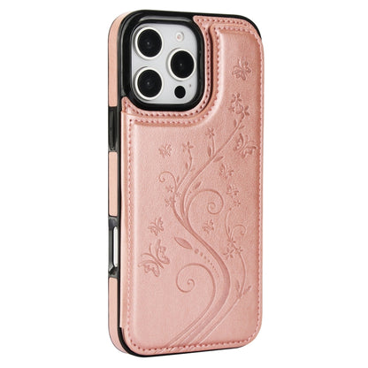 For iPhone 16 Pro Max Double Buckle Butterfly Embossing PU Phone Case(Rose Gold) - iPhone 16 Pro Max Cases by buy2fix | Online Shopping UK | buy2fix