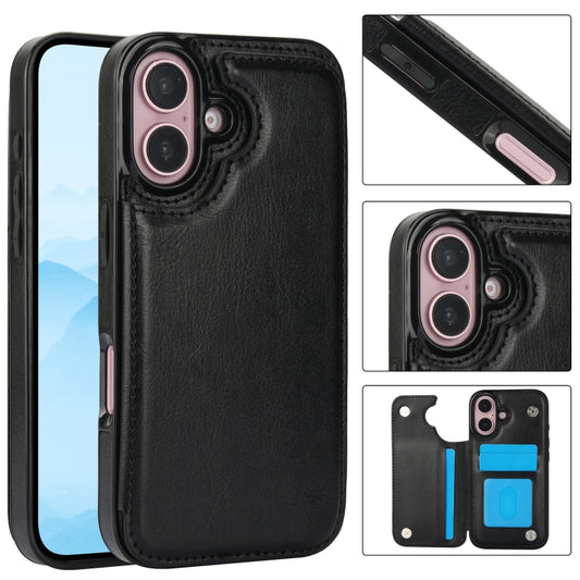 For iPhone 16 Plus Double Buckle Crazy Horse Texture PU Phone Case(Black) - iPhone 16 Plus Cases by buy2fix | Online Shopping UK | buy2fix