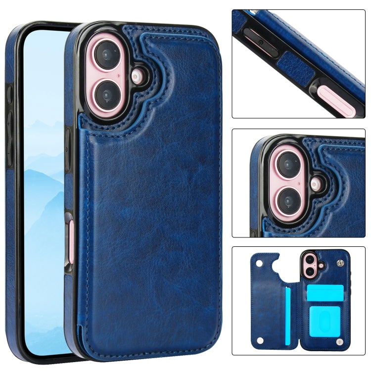 For iPhone 16 Plus Double Buckle Crazy Horse Texture PU Phone Case(Blue) - iPhone 16 Plus Cases by buy2fix | Online Shopping UK | buy2fix