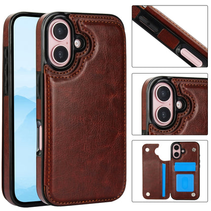 For iPhone 16 Plus Double Buckle Crazy Horse Texture PU Phone Case(Brown) - iPhone 16 Plus Cases by buy2fix | Online Shopping UK | buy2fix