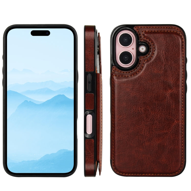 For iPhone 16 Double Buckle Crazy Horse Texture PU Phone Case(Brown) - iPhone 16 Cases by buy2fix | Online Shopping UK | buy2fix