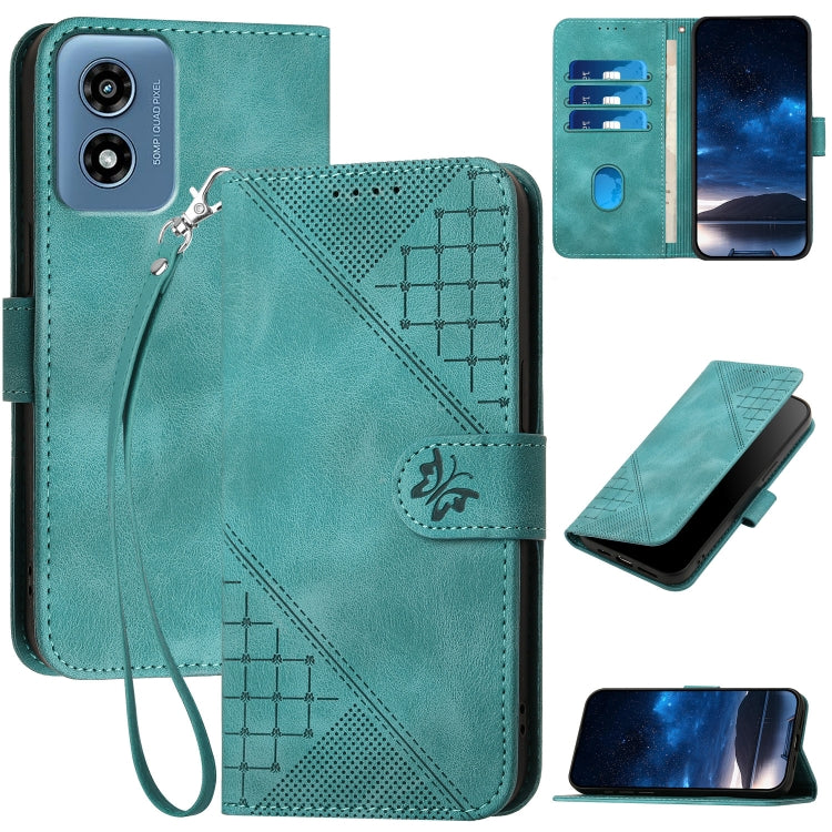 For Motorola Moto G Play 4G 2024 YX0080 Grid Butterfly Embossed Pattern Flip Leather Phone Case with Lanyard(Light Blue) - Motorola Cases by buy2fix | Online Shopping UK | buy2fix