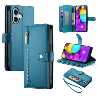 For iPhone 16 Plus Nine Card-slot Zipper Wallet Bag Leather Phone Case(Blue) - iPhone 16 Plus Cases by buy2fix | Online Shopping UK | buy2fix