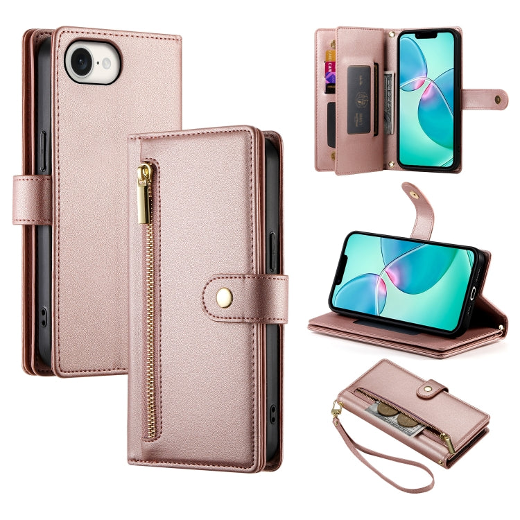 For iPhone SE 4 2024 Nine Card-slot Zipper Wallet Bag Leather Phone Case(Pink) - More iPhone Cases by buy2fix | Online Shopping UK | buy2fix