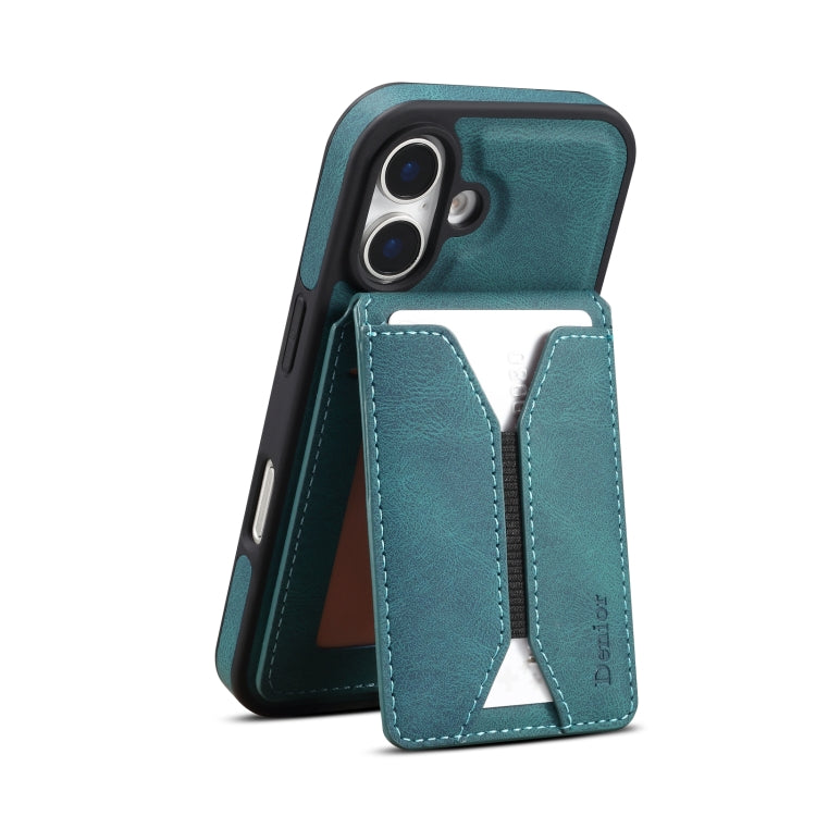 For iPhone 16 Denior D18 Skin Feel Rotating Holder MagSafe Detachable Card Slot Phone Case(Blue) - iPhone 16 Cases by Denior | Online Shopping UK | buy2fix