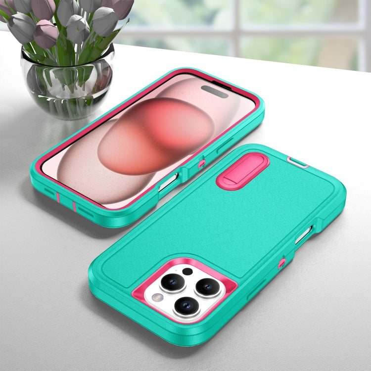 For iPhone 16 Pro Max Rugged PC + Silicone Phone Case with Holder(Light Green+Rose Red) - iPhone 16 Pro Max Cases by buy2fix | Online Shopping UK | buy2fix