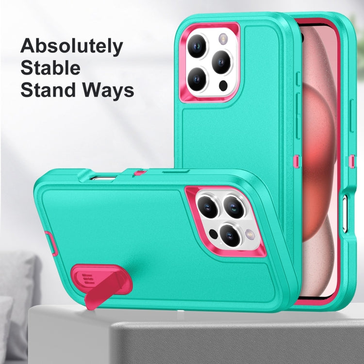 For iPhone 16 Pro Rugged PC + Silicone Phone Case with Holder(Light Green+Rose Red) - iPhone 16 Pro Cases by buy2fix | Online Shopping UK | buy2fix