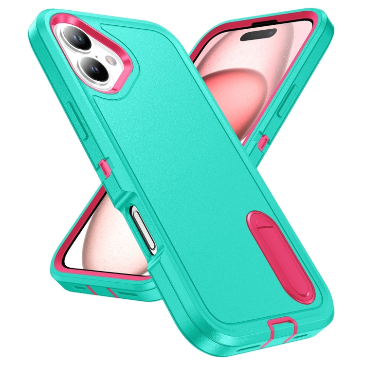 For iPhone 16 Rugged PC + Silicone Phone Case with Holder(Light Green+Rose Red) - iPhone 16 Cases by buy2fix | Online Shopping UK | buy2fix