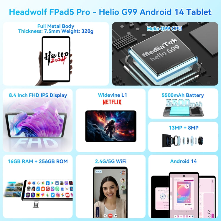 HEADWOLF Fpad5 Pro 4G LTE Tablet PC, 8GB+256GB, 8.4 inch Android 14 MT6789 Octa Core Support Dual SIM, Global Version with Google Play(Black) - Other by HEADWOLF | Online Shopping UK | buy2fix