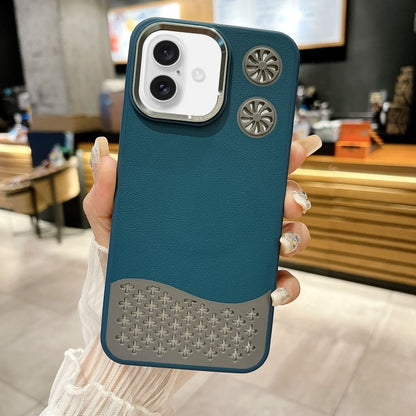 For iPhone 16 Leather Textured Fan Hollow Cooling MagSafe Magnetic Phone Case(Blue) - iPhone 16 Cases by buy2fix | Online Shopping UK | buy2fix