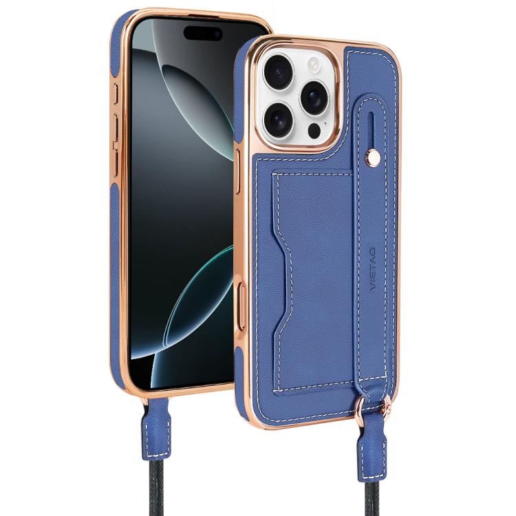 For iPhone 16 Pro Max VIETAO Card Slot Wristband Phone Case with Lanyard(Blue) - iPhone 16 Pro Max Cases by VIETAO | Online Shopping UK | buy2fix