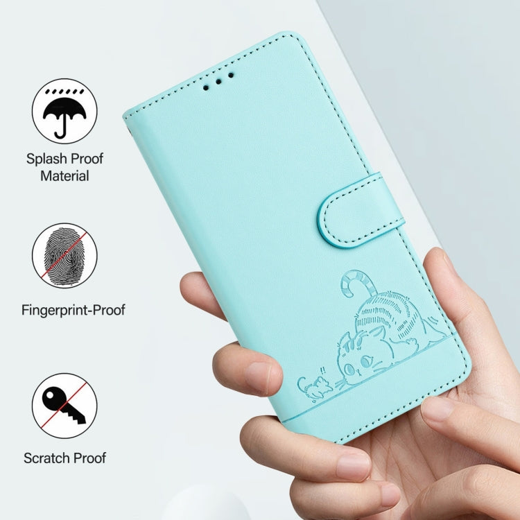 For Samsung Galaxy S25 Ultra 5G Cat Rat Embossed RFID Leather Phone Case with Lanyard(Mint Green) - Galaxy S25 Ultra 5G Cases by buy2fix | Online Shopping UK | buy2fix