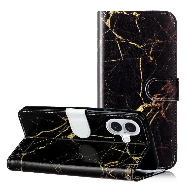 For iPhone 16 Plus Colored Drawing Marble Pattern Leather Phone Case(Black Gold Marble) - iPhone 16 Plus Cases by buy2fix | Online Shopping UK | buy2fix