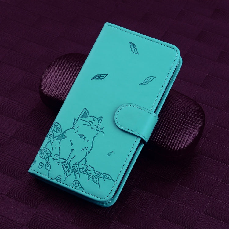 For iPhone 16 Plus Cute Cat Embossed Leather Phone Case(Lake Blue) - iPhone 16 Plus Cases by buy2fix | Online Shopping UK | buy2fix