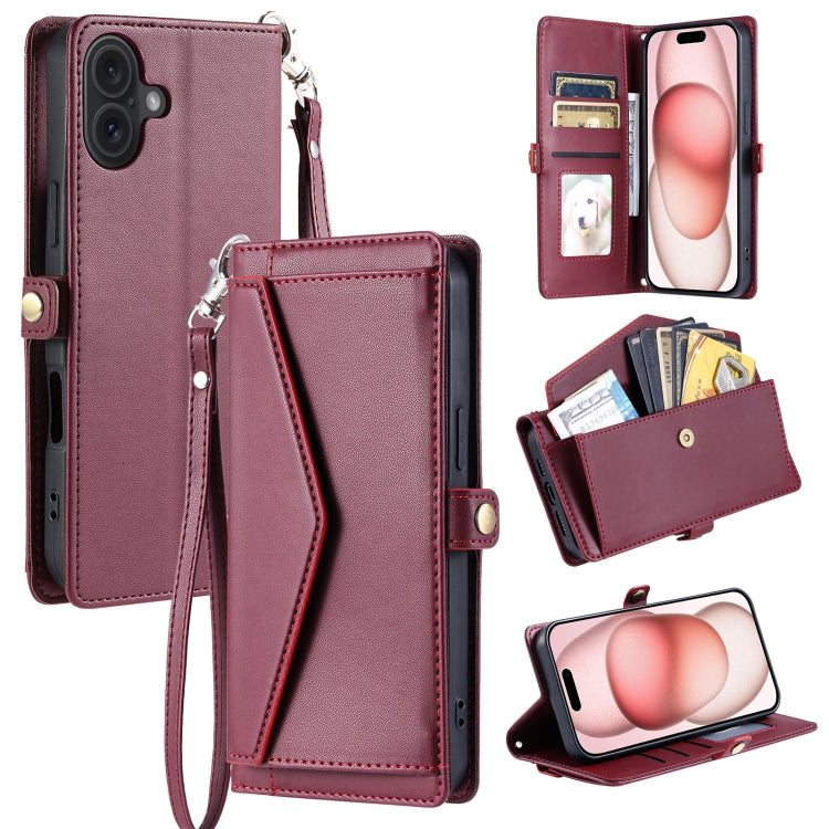 For iPhone 16 Plus Wallet Multi-card Slot Leather Phone Case with Lanyard(Wine Red) - iPhone 16 Plus Cases by buy2fix | Online Shopping UK | buy2fix