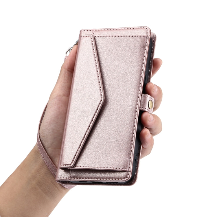 For iPhone 16 Wallet Multi-card Slot Leather Phone Case with Lanyard(Rose Gold) - iPhone 16 Cases by buy2fix | Online Shopping UK | buy2fix