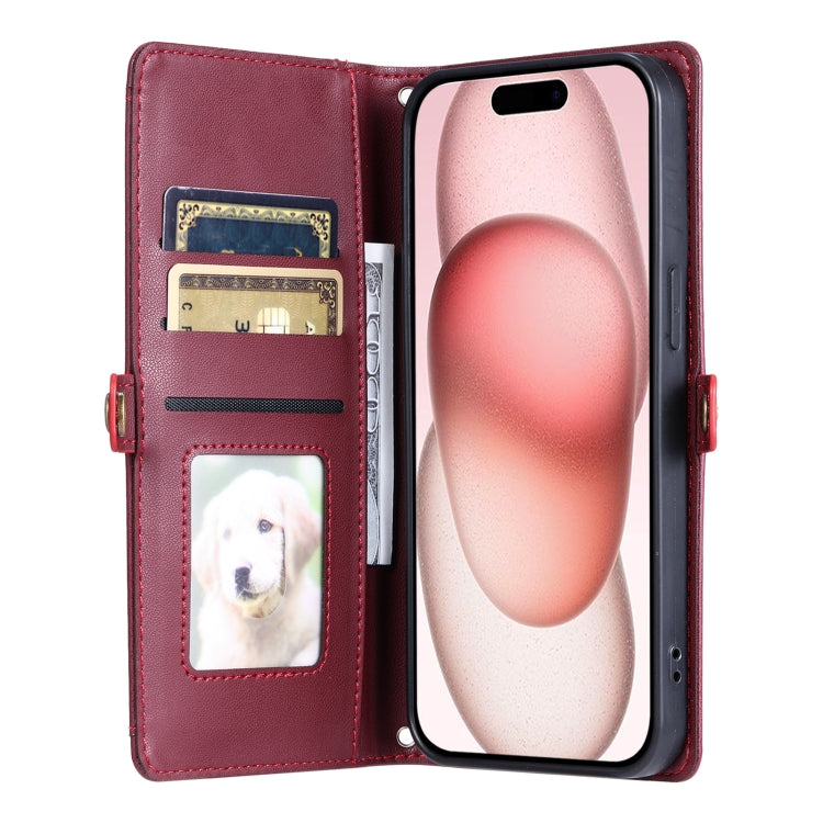 For iPhone 16 Wallet Multi-card Slot Leather Phone Case with Lanyard(Wine Red) - iPhone 16 Cases by buy2fix | Online Shopping UK | buy2fix