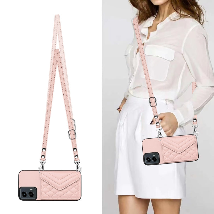 For Motorola Moto G 5G 2024 Rhombic Texture Card Bag RFID Phone Case with Long Lanyard(Rose Gold) - Motorola Cases by buy2fix | Online Shopping UK | buy2fix