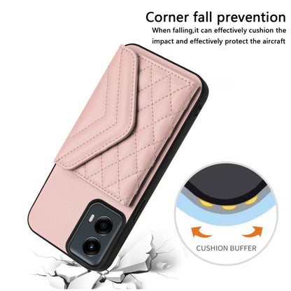 For Motorola Moto G 5G 2024 Rhombic Texture Card Bag RFID Phone Case with Long Lanyard(Rose Gold) - Motorola Cases by buy2fix | Online Shopping UK | buy2fix