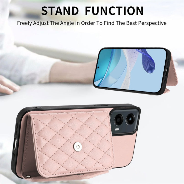 For Motorola Moto G 5G 2024 Rhombic Texture Card Bag RFID Phone Case with Long Lanyard(Rose Gold) - Motorola Cases by buy2fix | Online Shopping UK | buy2fix