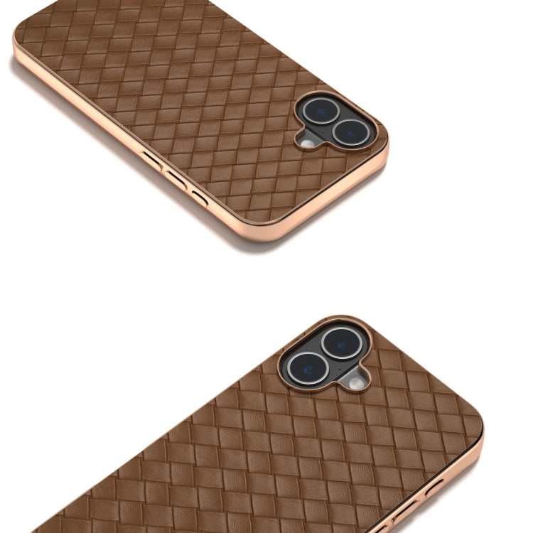 For iPhone 16 Electroplated Frame Woven Texture PU Phone Case(Brown) - iPhone 16 Cases by buy2fix | Online Shopping UK | buy2fix