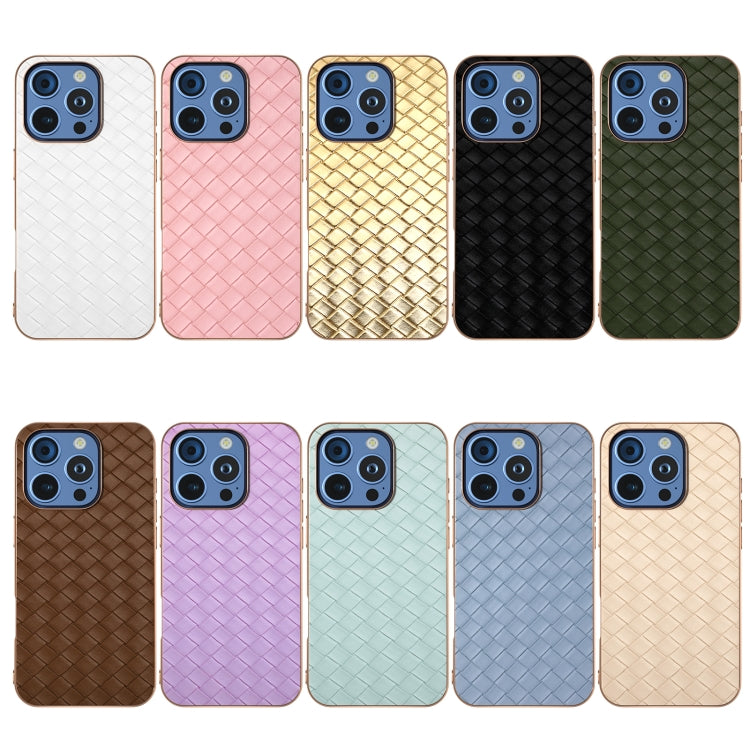 For iPhone 16 Pro Electroplated Frame Woven Texture PU Phone Case(Light Blue) - iPhone 16 Pro Cases by buy2fix | Online Shopping UK | buy2fix