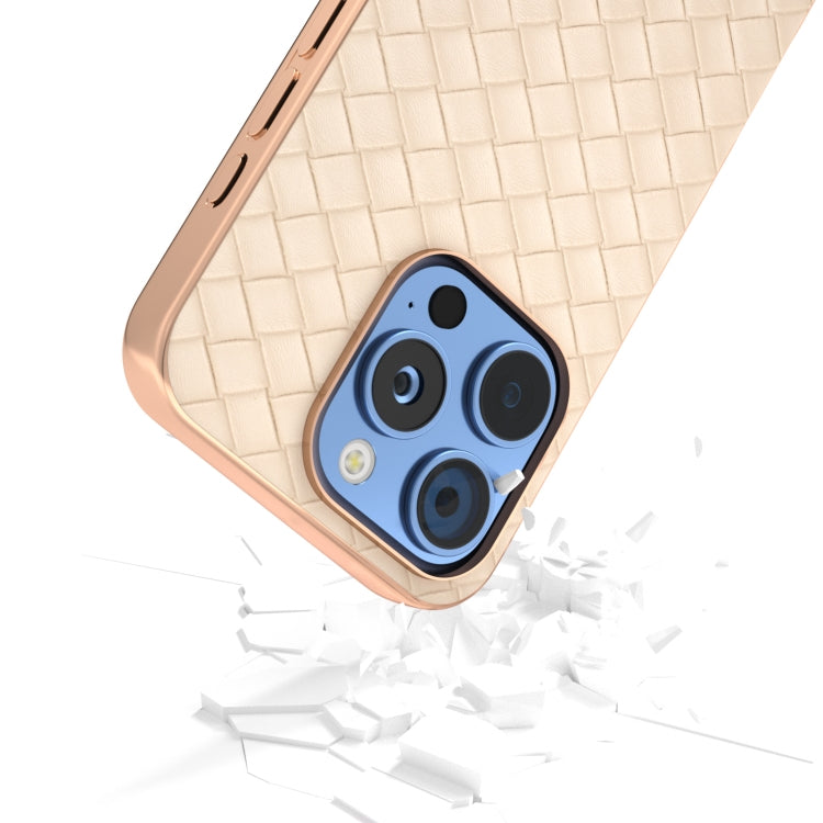 For iPhone 16 Pro Max Electroplated Frame Woven Texture PU Phone Case(Beige) - iPhone 16 Pro Max Cases by buy2fix | Online Shopping UK | buy2fix