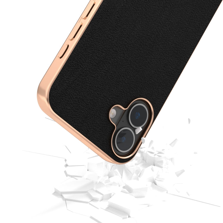 For iPhone 16 Plus ABEEL Electroplating Frame Genuine Leather Wave Phone Case(Black) - iPhone 16 Plus Cases by buy2fix | Online Shopping UK | buy2fix