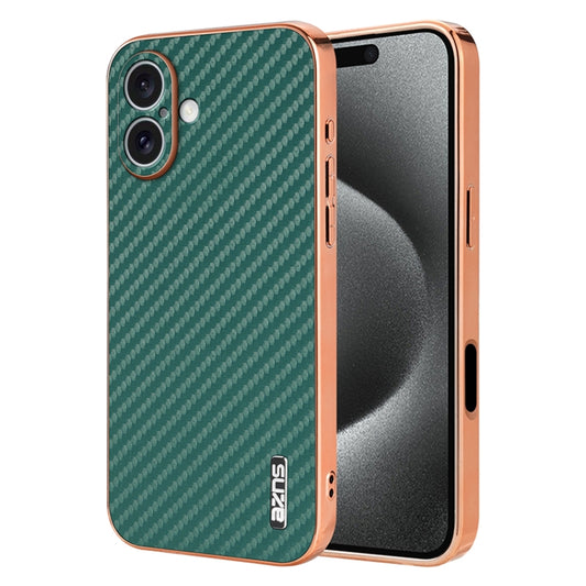 For iPhone 16 AZNS Electroplated Edge Carbon Fiber Texture Phone Case(Green) - iPhone 16 Cases by AZNS | Online Shopping UK | buy2fix