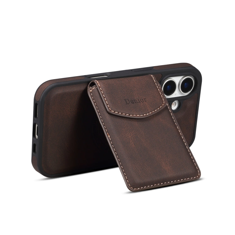 For iPhone 16 Plus Denior D20 Skin Feel MagSafe Holder Detachable Card Slot Phone Case(Brown) - iPhone 16 Plus Cases by Denior | Online Shopping UK | buy2fix