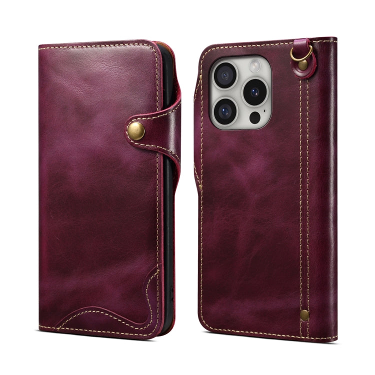 For iPhone 16 Pro Denior B01 Oil Wax Cowhide Magnetic Button Genuine Leather Case(Purple) - iPhone 16 Pro Cases by Denior | Online Shopping UK | buy2fix