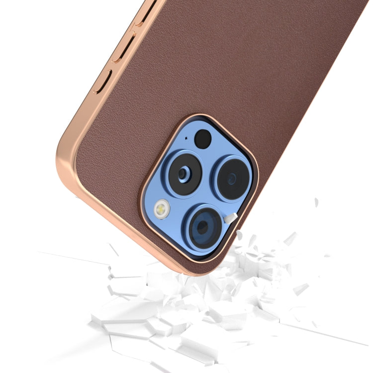 For iPhone 16 Pro Max ABEEL Electroplating Frame Genuine Leather Xiaoya Series Phone Case(Coffee) - iPhone 16 Pro Max Cases by buy2fix | Online Shopping UK | buy2fix