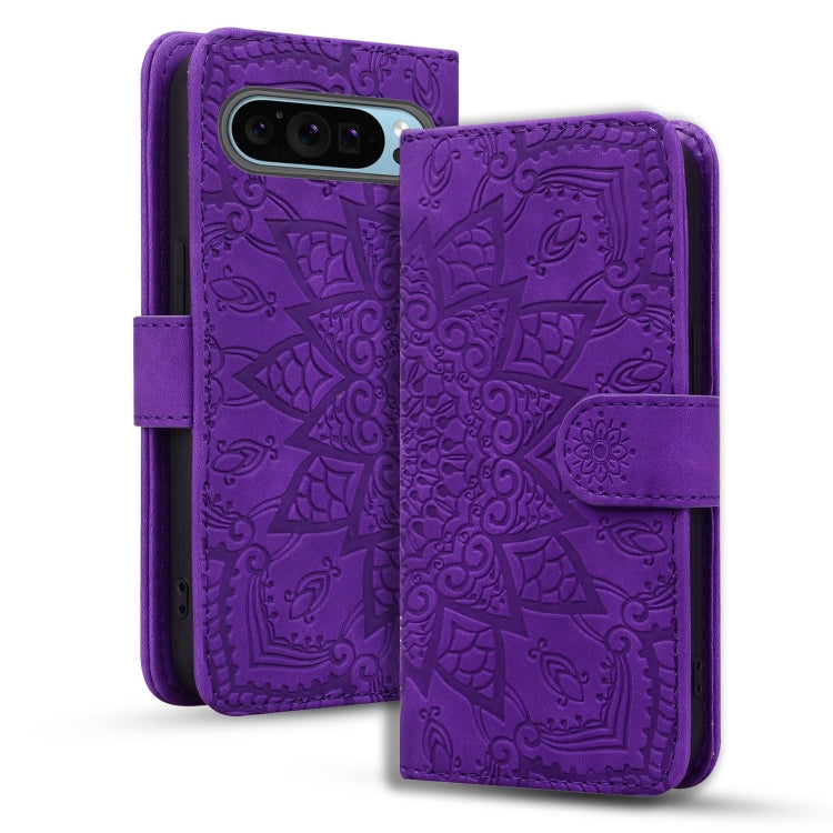 For Google Pixel 9 / 9 Pro Mandala Embossed Dual-Fold Calf Leather Phone Case(Purple) - Google Cases by buy2fix | Online Shopping UK | buy2fix