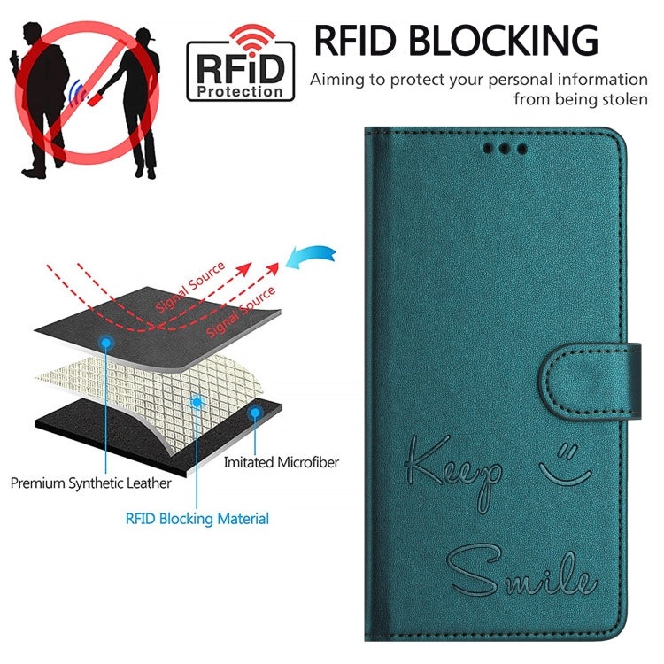 For iPhone 16 Pro Max Smile Embossing RFID Leather Phone Case(Peacock Green) - iPhone 16 Pro Max Cases by buy2fix | Online Shopping UK | buy2fix