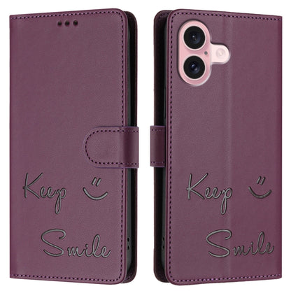 For iPhone 16 Smile Embossing RFID Leather Phone Case(Violet) - iPhone 16 Cases by buy2fix | Online Shopping UK | buy2fix