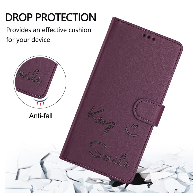 For iPhone 16 Smile Embossing RFID Leather Phone Case(Violet) - iPhone 16 Cases by buy2fix | Online Shopping UK | buy2fix