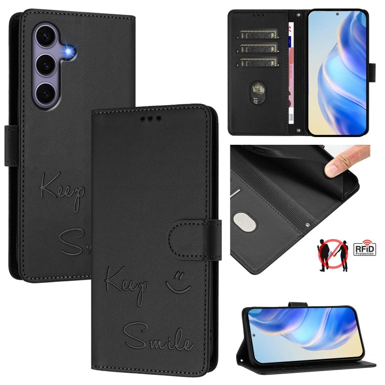 For Samsung Galaxy S25 5G Smile Embossing RFID Leather Phone Case(Black) - Galaxy S25 5G Cases by buy2fix | Online Shopping UK | buy2fix