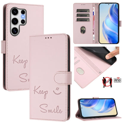 For Samsung Galaxy S25 Ultra 5G Smile Embossing RFID Leather Phone Case(Pink) - Galaxy S25 Ultra 5G Cases by buy2fix | Online Shopping UK | buy2fix