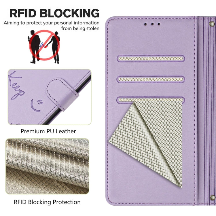 For Samsung Galaxy S25 Ultra 5G Smile Embossing RFID Leather Phone Case(Light Purple) - Galaxy S25 Ultra 5G Cases by buy2fix | Online Shopping UK | buy2fix