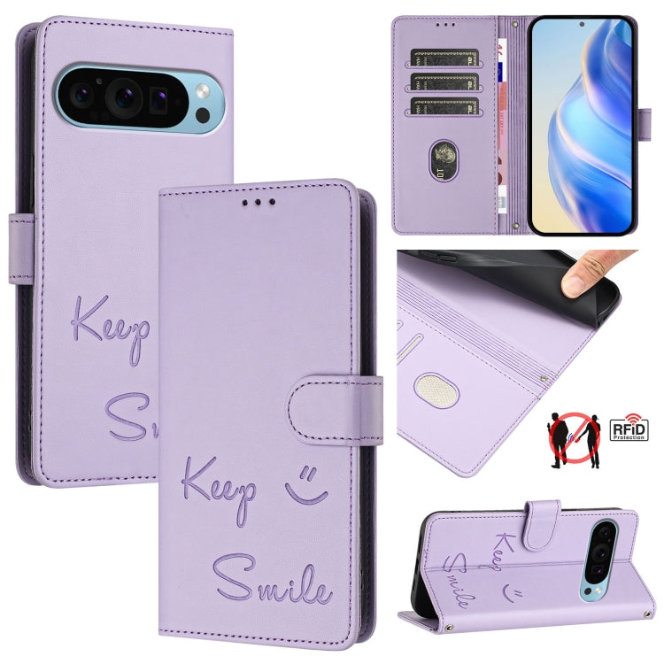 For Google Pixel 9 Pro XL Smile Embossing RFID Leather Phone Case(Light Purple) - Google Cases by buy2fix | Online Shopping UK | buy2fix