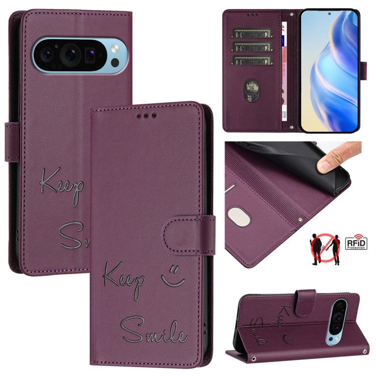 For Google Pixel 9 / Pixel 9 Pro Smile Embossing RFID Leather Phone Case(Violet) - Google Cases by buy2fix | Online Shopping UK | buy2fix