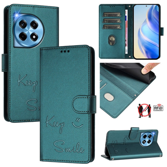 For OnePlus 12 5G Global Smile Embossing RFID Leather Phone Case(Peacock Green) - OnePlus Cases by buy2fix | Online Shopping UK | buy2fix