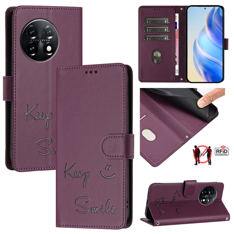 For OnePlus 11 Smile Embossing RFID Leather Phone Case(Violet) - OnePlus Cases by buy2fix | Online Shopping UK | buy2fix