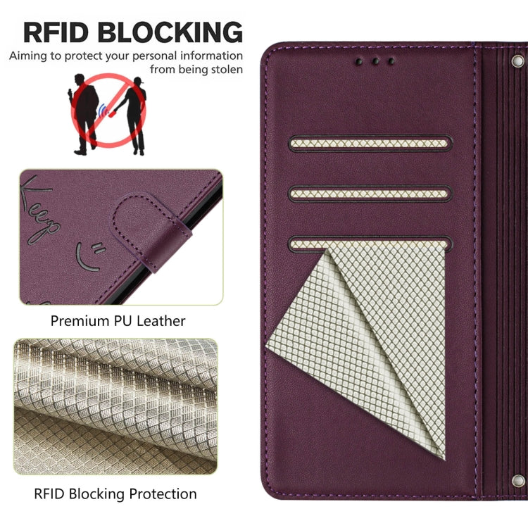 For OnePlus 11 Smile Embossing RFID Leather Phone Case(Violet) - OnePlus Cases by buy2fix | Online Shopping UK | buy2fix