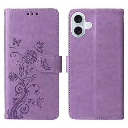 For iPhone 16 Plus Embossed Butterfly Flowers Leather Phone Case(Purple) - iPhone 16 Plus Cases by buy2fix | Online Shopping UK | buy2fix