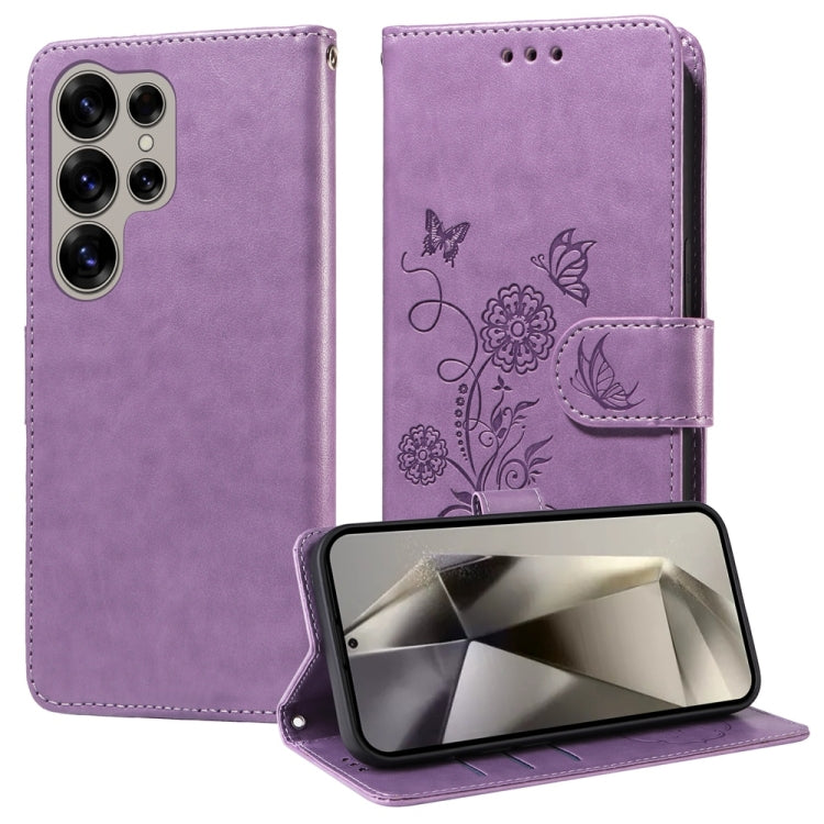 For Samsung Galaxy S25 Ultra 5G Embossed Butterfly Flowers Leather Phone Case(Purple) - Galaxy S25 Ultra 5G Cases by buy2fix | Online Shopping UK | buy2fix