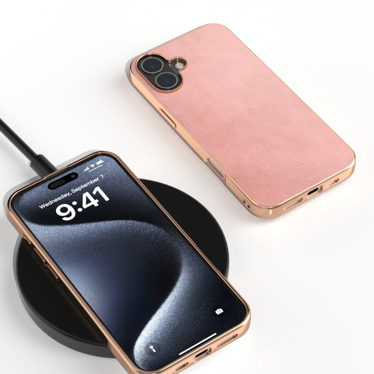 For iPhone 16 Plus Nano Electroplating Dual Color Cowhide Texture Protective Phone Case(Rose Gold) - iPhone 16 Plus Cases by buy2fix | Online Shopping UK | buy2fix