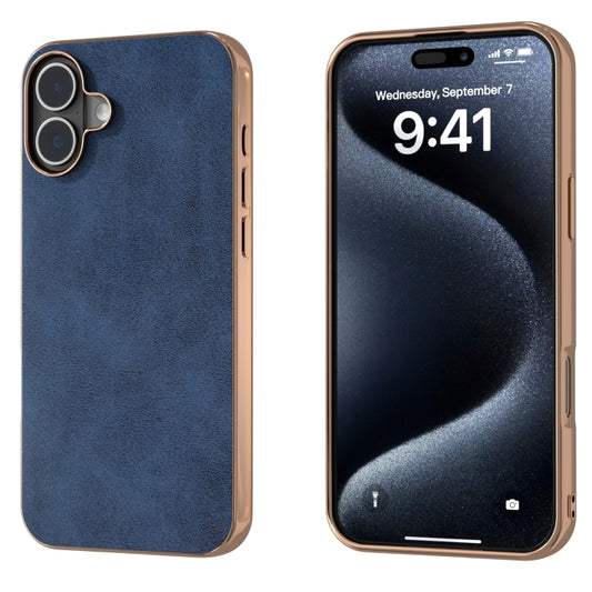 For iPhone 16 Nano Electroplating Dual Color Cowhide Texture Protective Phone Case(Blue) - iPhone 16 Cases by buy2fix | Online Shopping UK | buy2fix