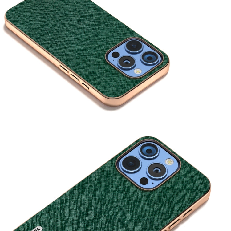 For iPhone 16 Pro Max ABEEL Electroplating Frame Cross Texture Genuine Leather Phone Case(Green) - iPhone 16 Pro Max Cases by buy2fix | Online Shopping UK | buy2fix